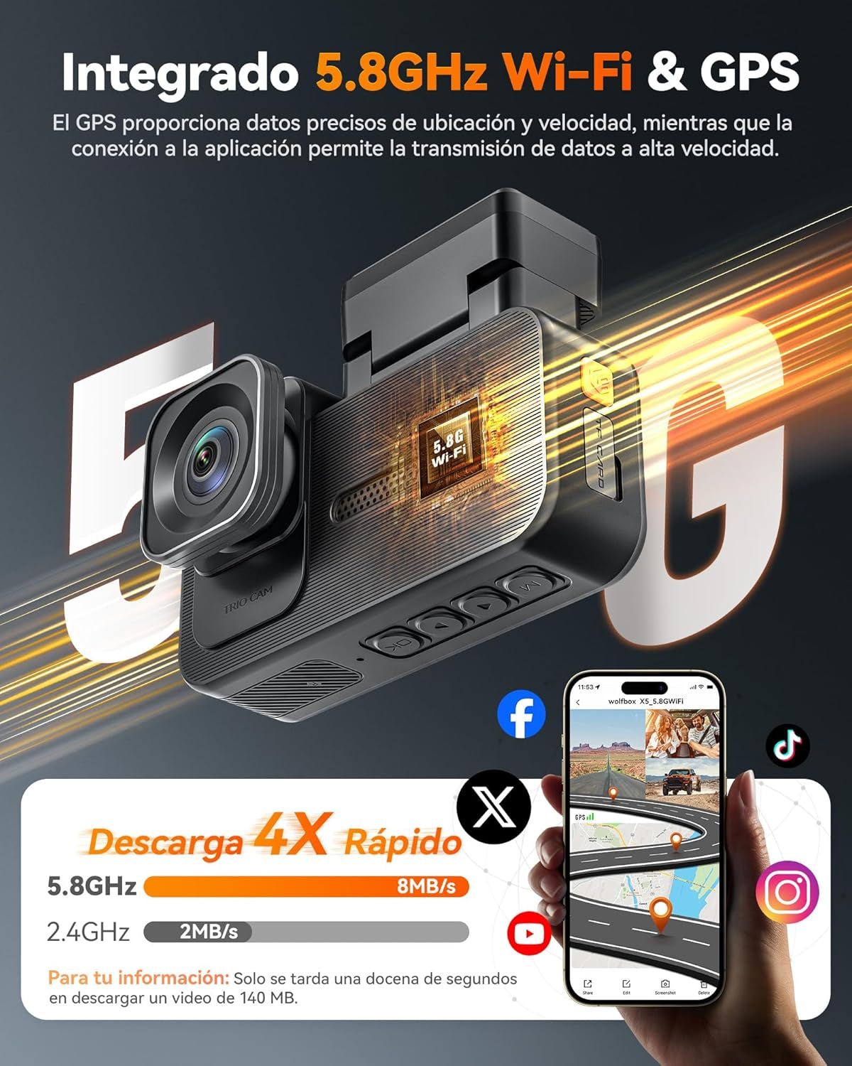 X5 3 Channel 4K Dash Cam, STARVIS 2 IMX678,4K+2.5K+1080P Front and Rear inside Triple Car Camera, Included 128GB Card, Voice Control, 5.8Ghz Wifi GPS, Touch Screen, Support 512GB Max