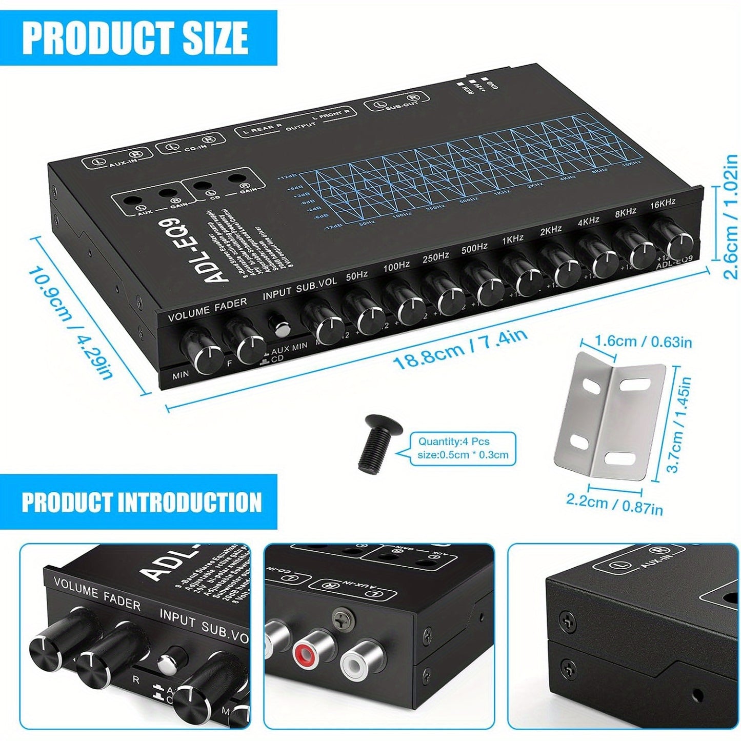 9-Band Car Audio Equalizer with Front, Rear & Auxiliary Outputs - 8V RMS Line Driver, Adjustable EQ for Cars & Yachts, No Battery Needed, Enhances Sound Experience, Durable Iron Construction, Car Audio Accessories, Vehicle Au