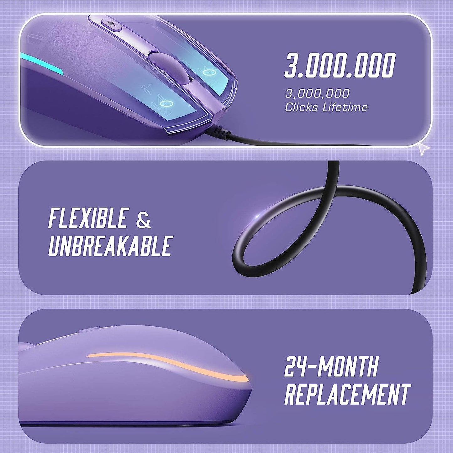 USB Wired Optical Mouse with RGB Backlighting and Attached Cord for Laptops and Chromebooks - Purple