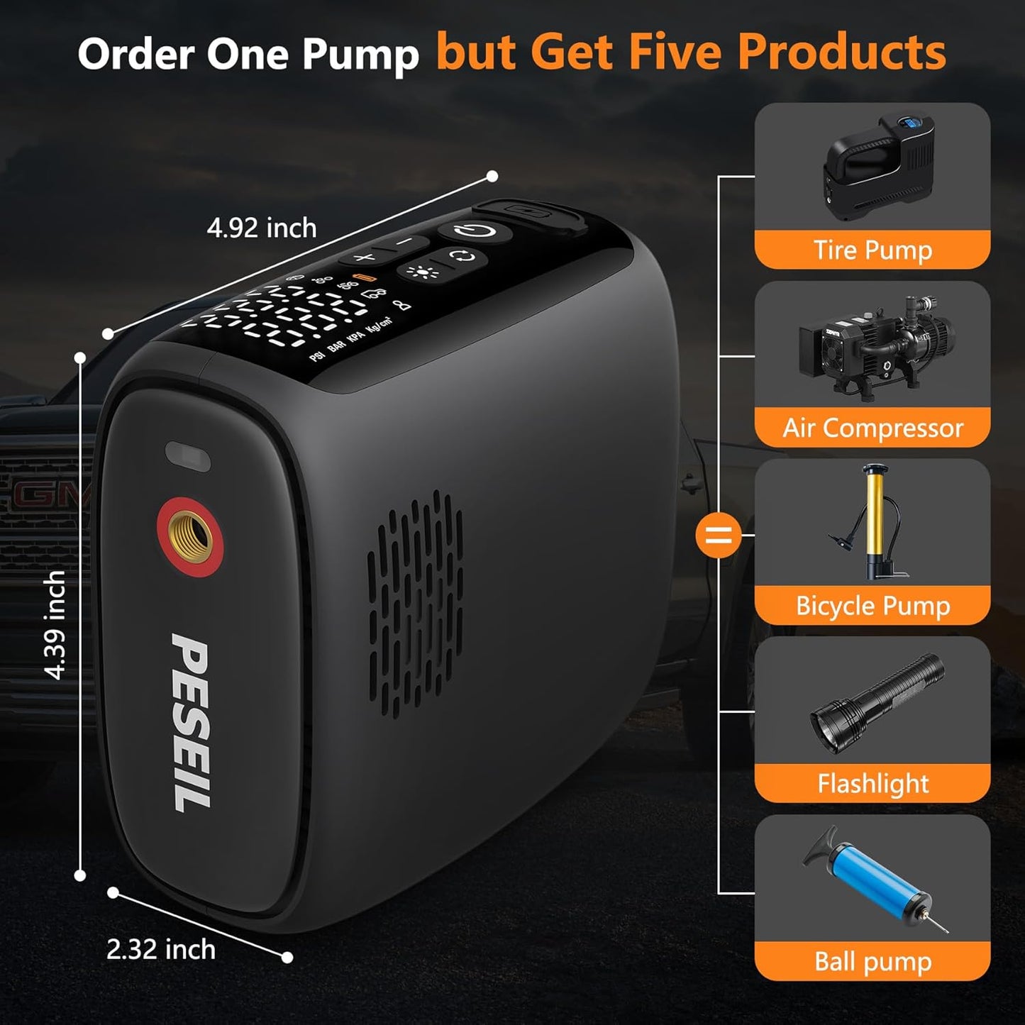 Tire Inflator Portable Air Compressor, 28 Cylinders 12V Air Compressor, 140W Auto Shut-Off with LED Light 150Psi Pump, Portable Air Compressor for Car Tires, Bicycle, Moto, Ball Etc.