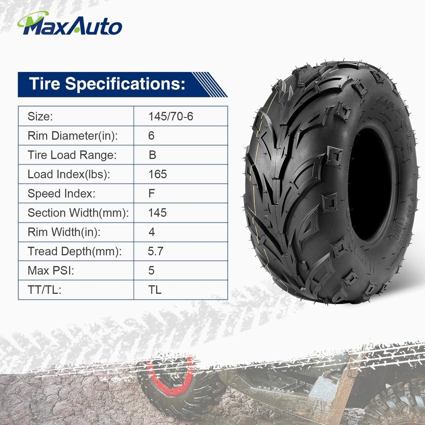 145 70 6 ATV Tires 145/70-6 Mini Bike Tires 145 70-6 Go Kart Tire at 145X70-6 Tire 4PLY Tubeless, Set of 4