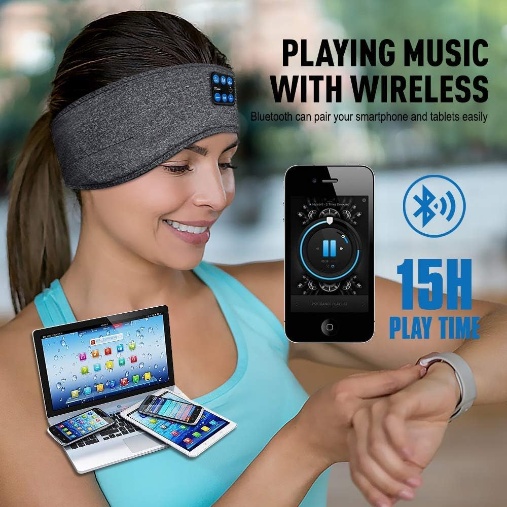 Wireless Bluetooth Sleep Headband with HD Stereo Speakers for Side Sleepers - Ideal for Running, Yoga, Meditation, and Travel - Grey Version 2021-09
