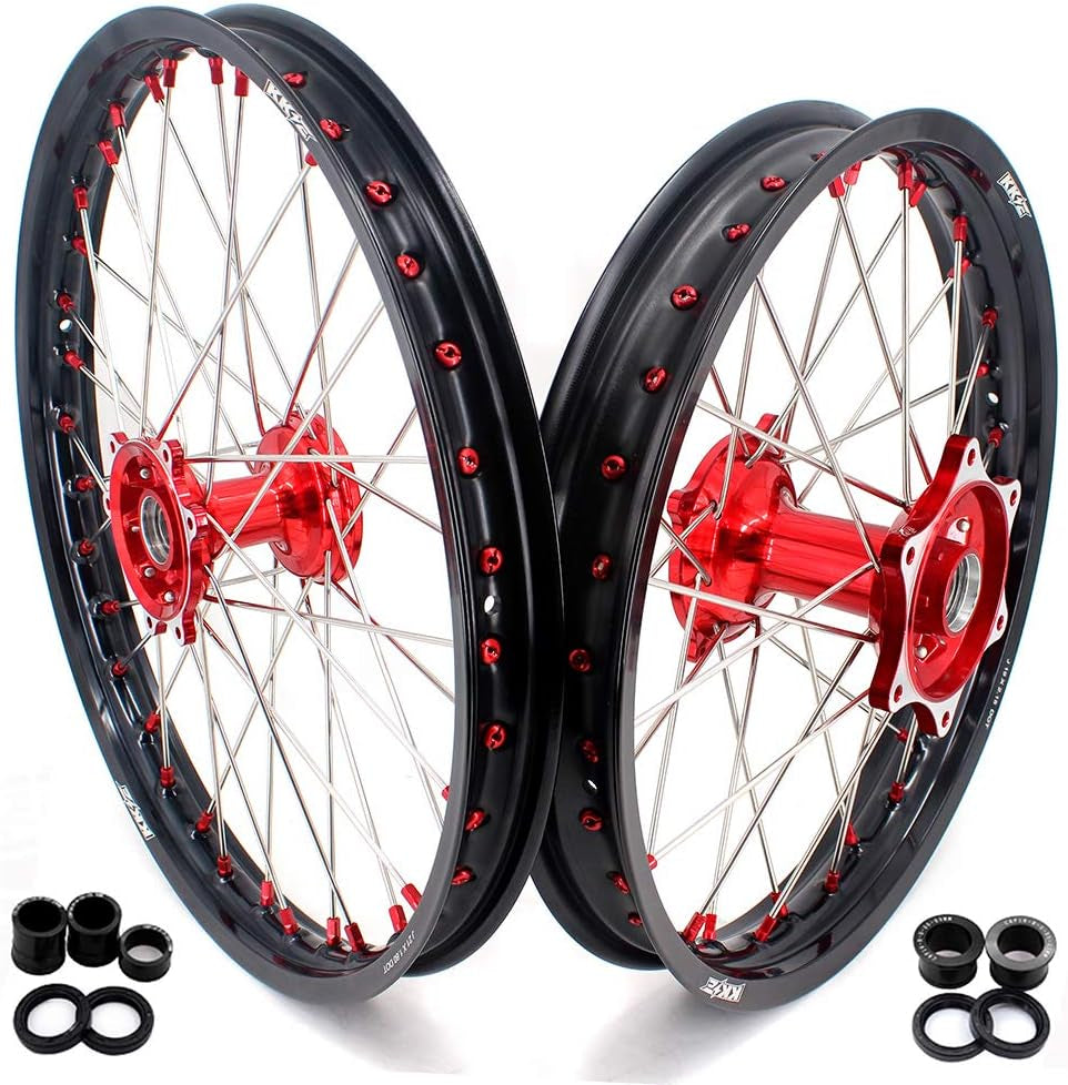 1.6 * 21"/2.15 * 19'' MX Cast Wheels Rims Set Compatible with HONDA CRF250R 2004-2013 CRF450R 2002-2012 Red Nipple