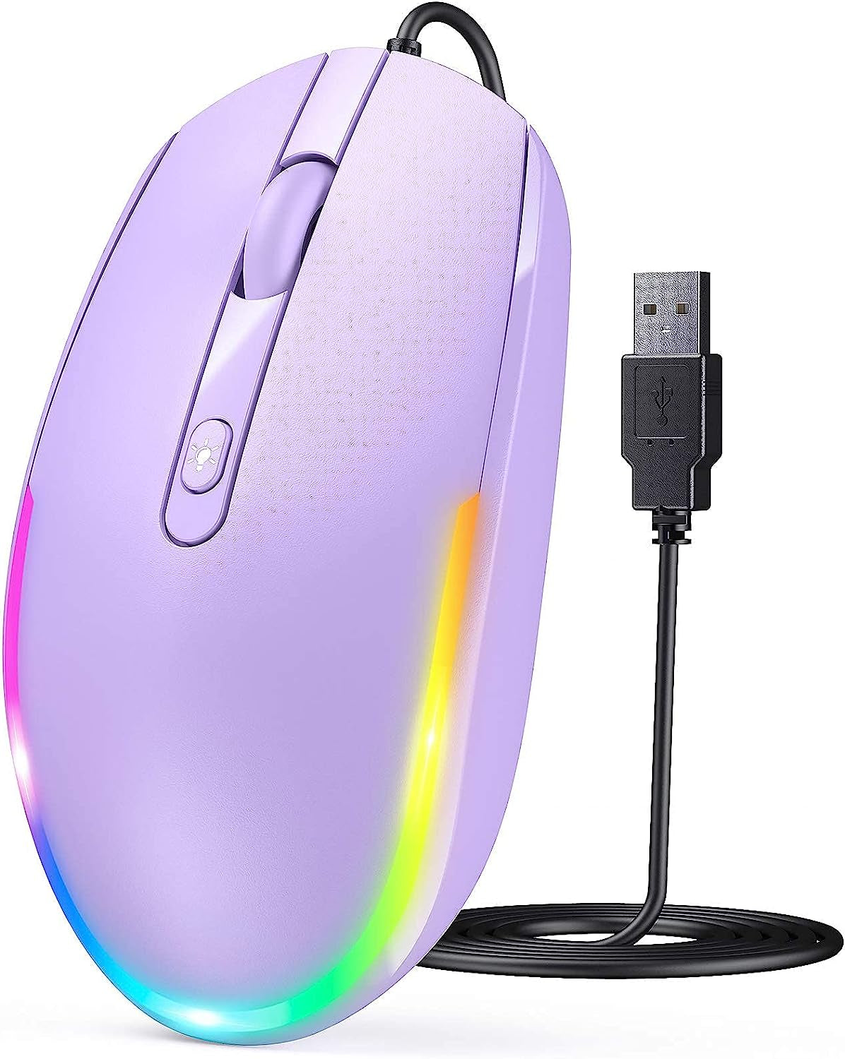 USB Wired Optical Mouse with RGB Backlighting and Attached Cord for Laptops and Chromebooks - Purple
