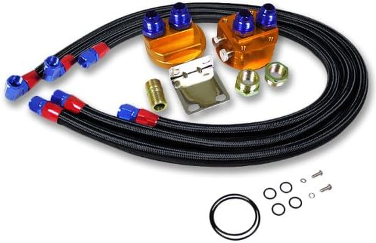 Universal Engine Oil Filter Relocation Kit Male and 3X Black Stainless Line, Aluminum