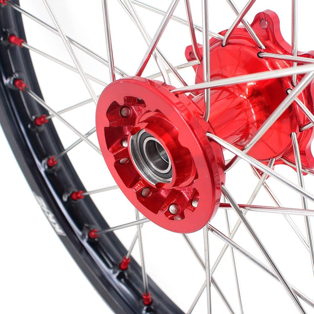 1.6 * 21"/2.15 * 19'' MX Cast Wheels Rims Set Compatible with HONDA CRF250R 2004-2013 CRF450R 2002-2012 Red Nipple