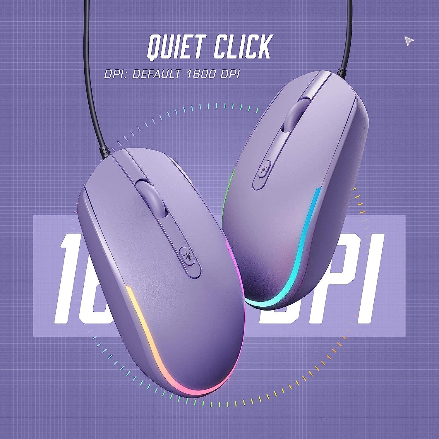USB Wired Optical Mouse with RGB Backlighting and Attached Cord for Laptops and Chromebooks - Purple
