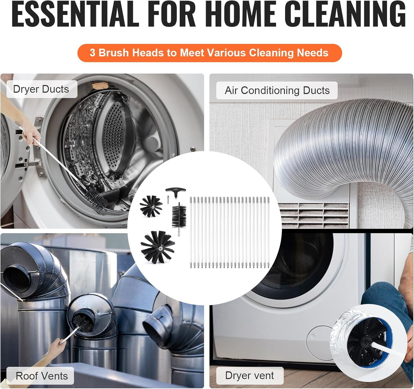 22 Pieces 30 FEET Dryer Vent Cleaner Kit, Include 3 Different Sizes Flexible Lin