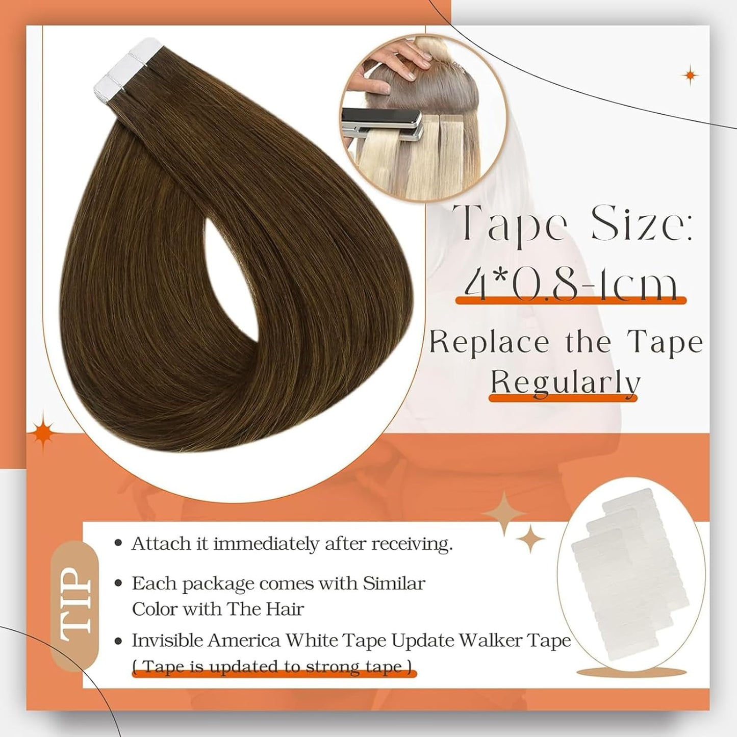 16 Inch Tape in Human Hair Extensions Medium Brown Color 4 Invisible Tape in Hai
