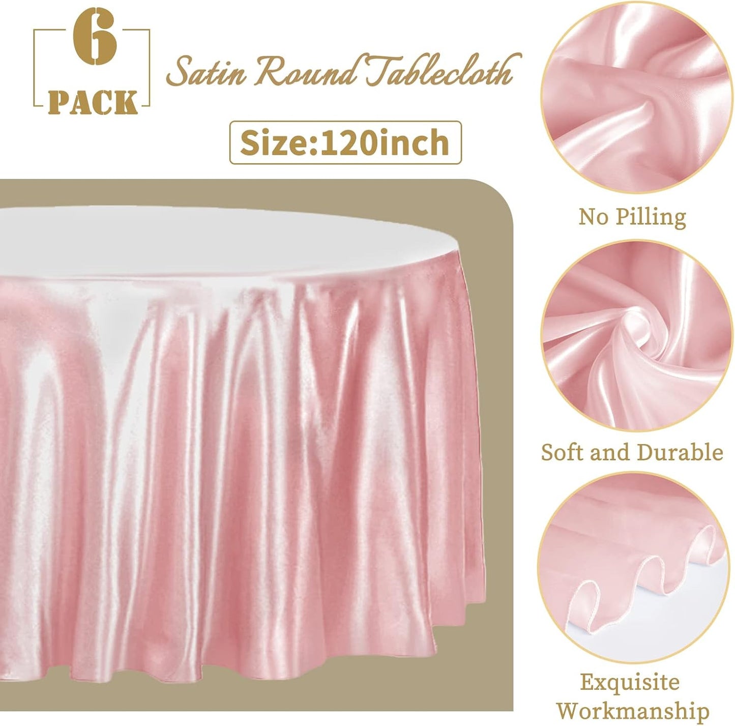 6 Pack 120 Inch Rose Gold round Tablecloth - Premium Silky Satin Tablecloth Over