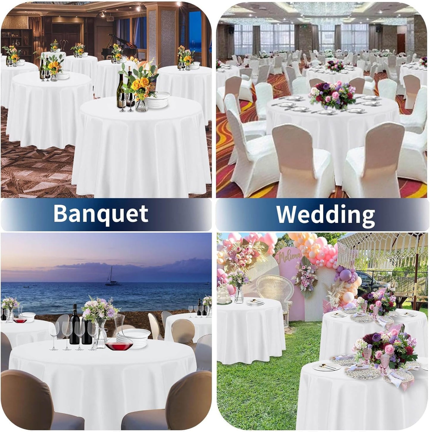 6 Pack round White Table Cloths 120 Inch for round Tables, Stain and Wrinkle Res