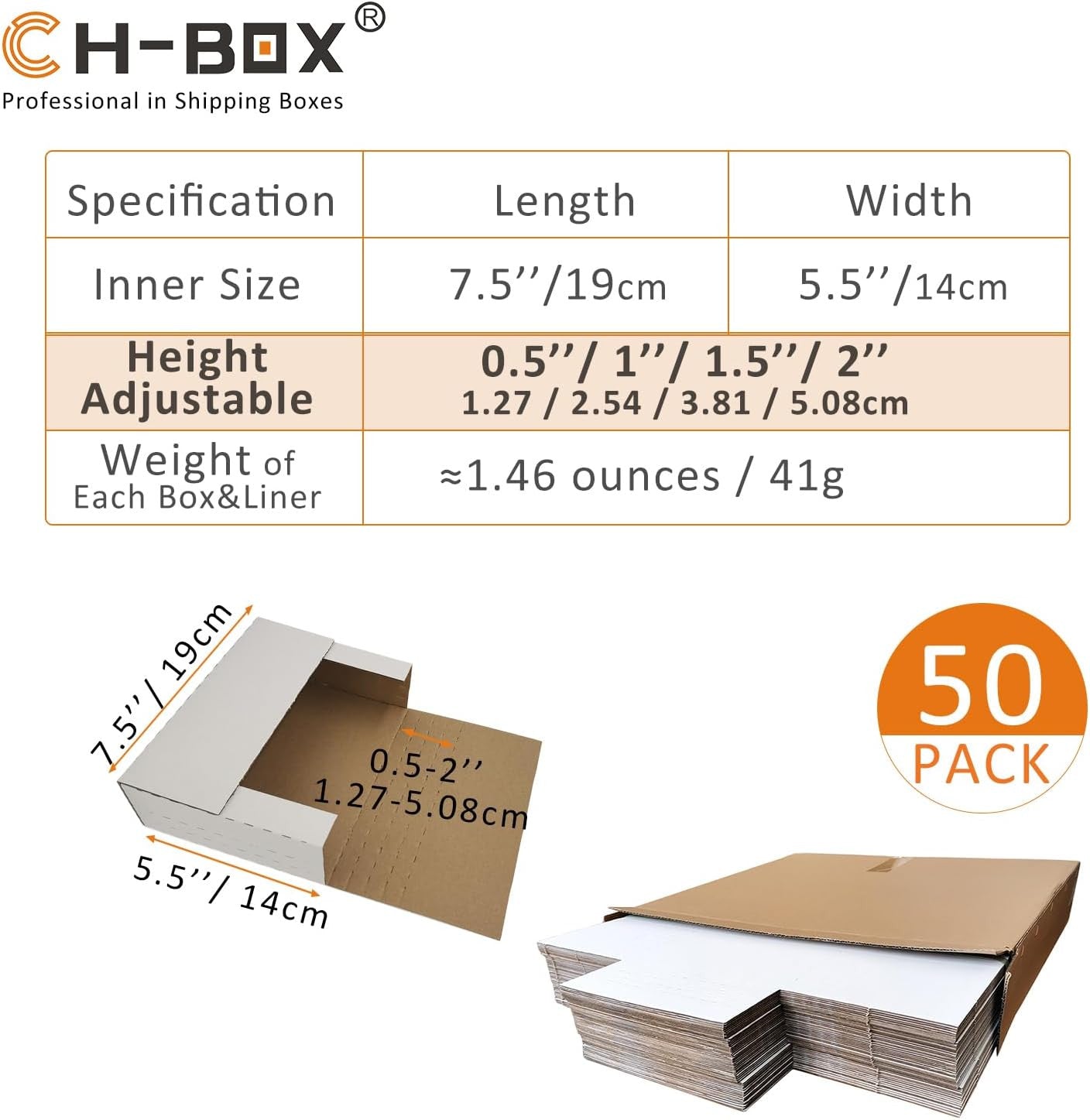 50 Pack DVD Box Mailers, 7.5 X 5.5 X 2" Corrugated Easy-Fold Mailers, Height Adj