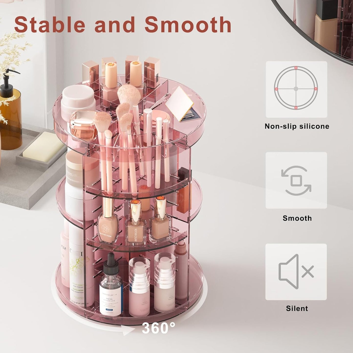 360 Rotating Makeup Organizer with Lipstick Slots, 8 Adjustable Layers Spinning