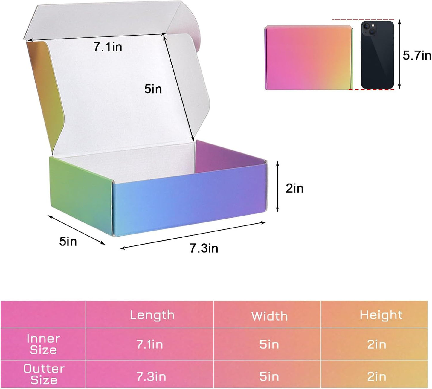 7X5X2 Shipping Boxes Small, 45 Pack Rainbow Corrugated Cardboard Mailer Boxes fo