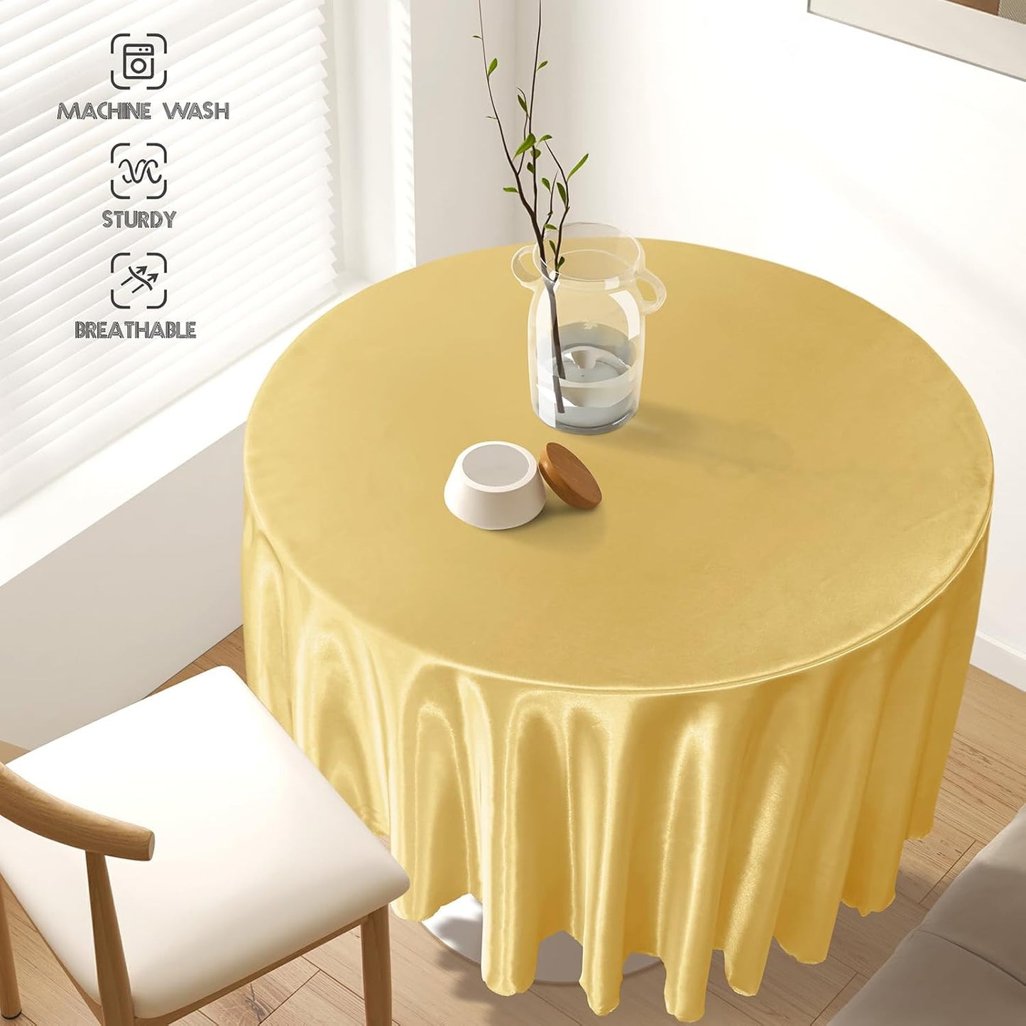 1 Pack 84 Inch / 7Ft round Tablecloth Satin Table Cover, Gold Table Cloth Overla