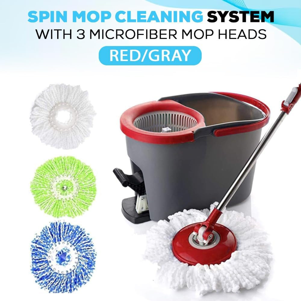 79349 Spin Mop Cleaning System with 3 Microfiber Mop Heads, Red/Gray,Red/Black