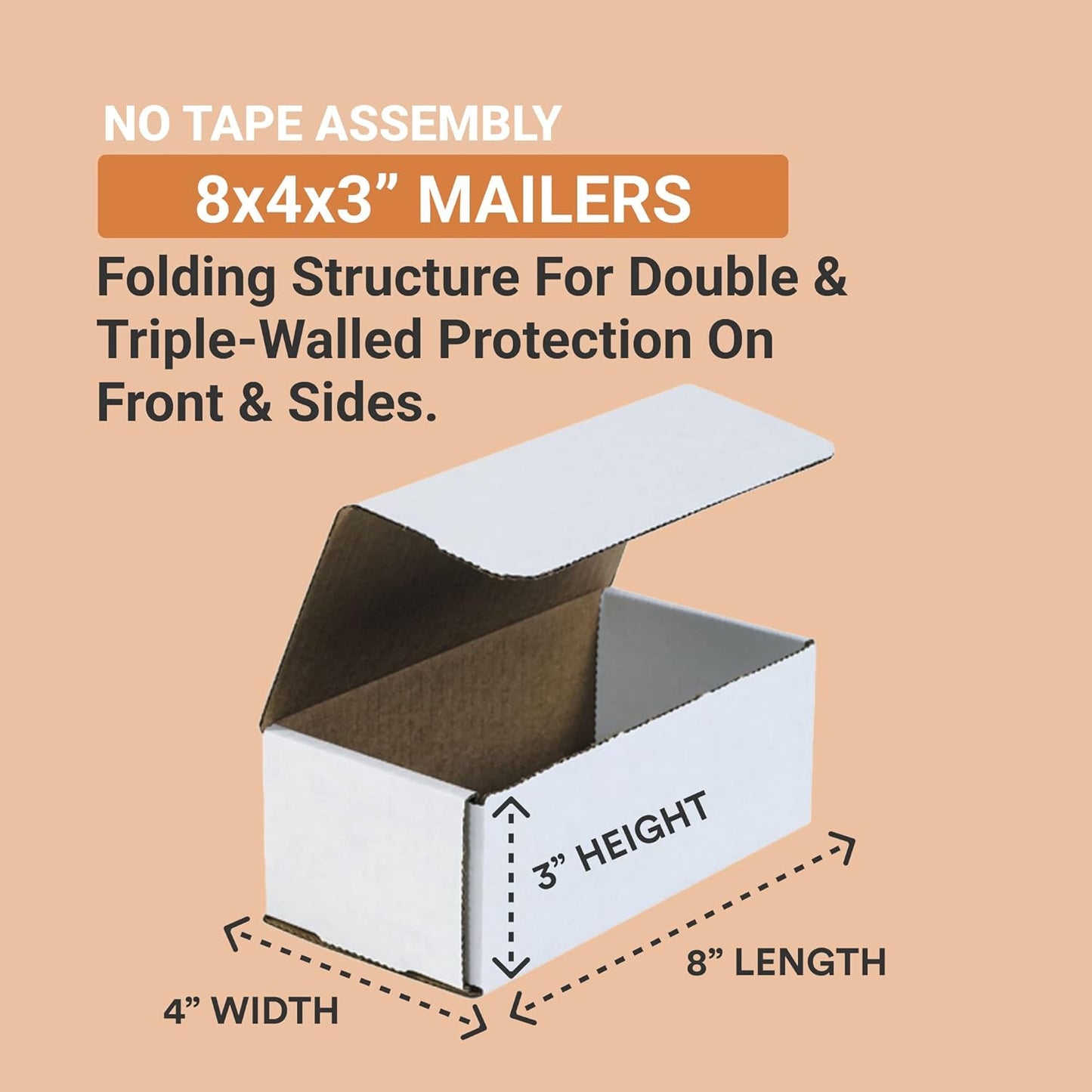 White Corrugated Cardboard Mailing Boxes, 8" X 4" X 3" (Pack of 50) Crush-Proof