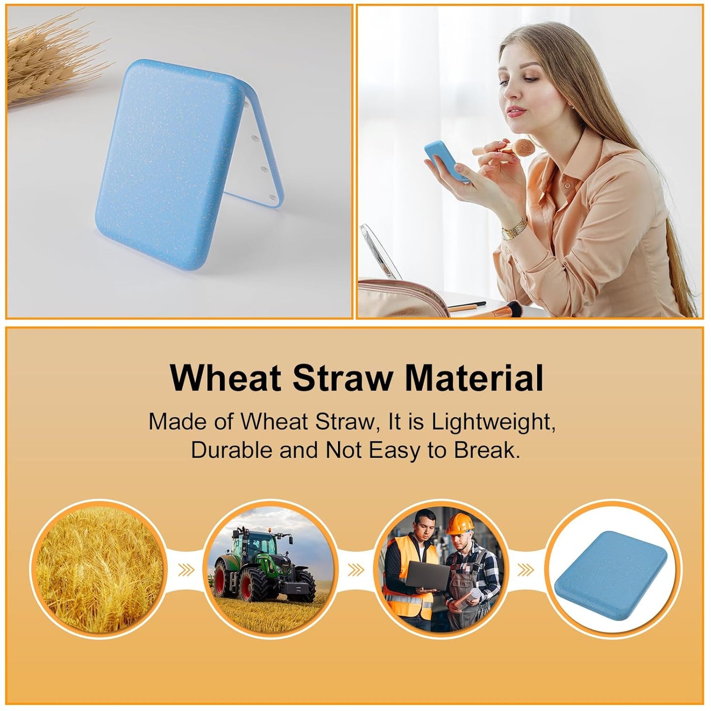 Wheat Straw Pocket Mirror, 1X/3X Magnification Travel Mirror for Purse, Folding