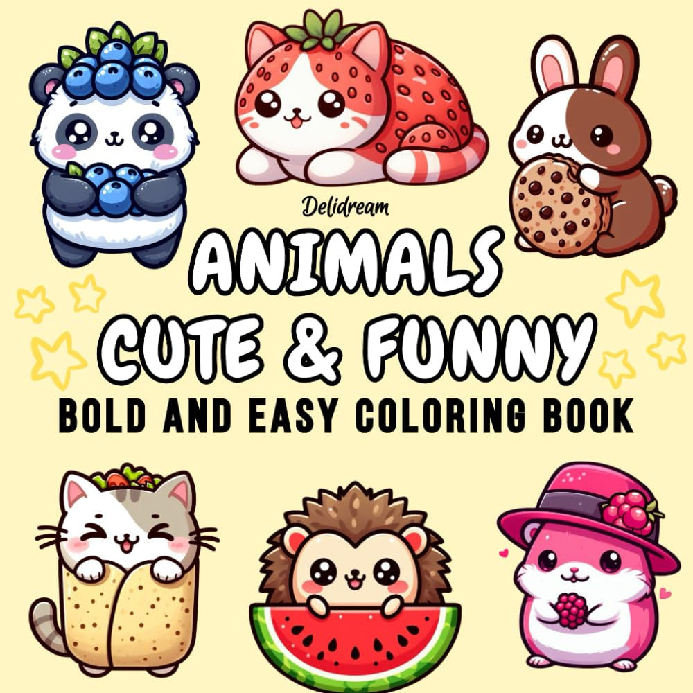 Animals Cute & Funny: Bold and Easy Coloring Book for Kids and Adults, 35 Relaxi