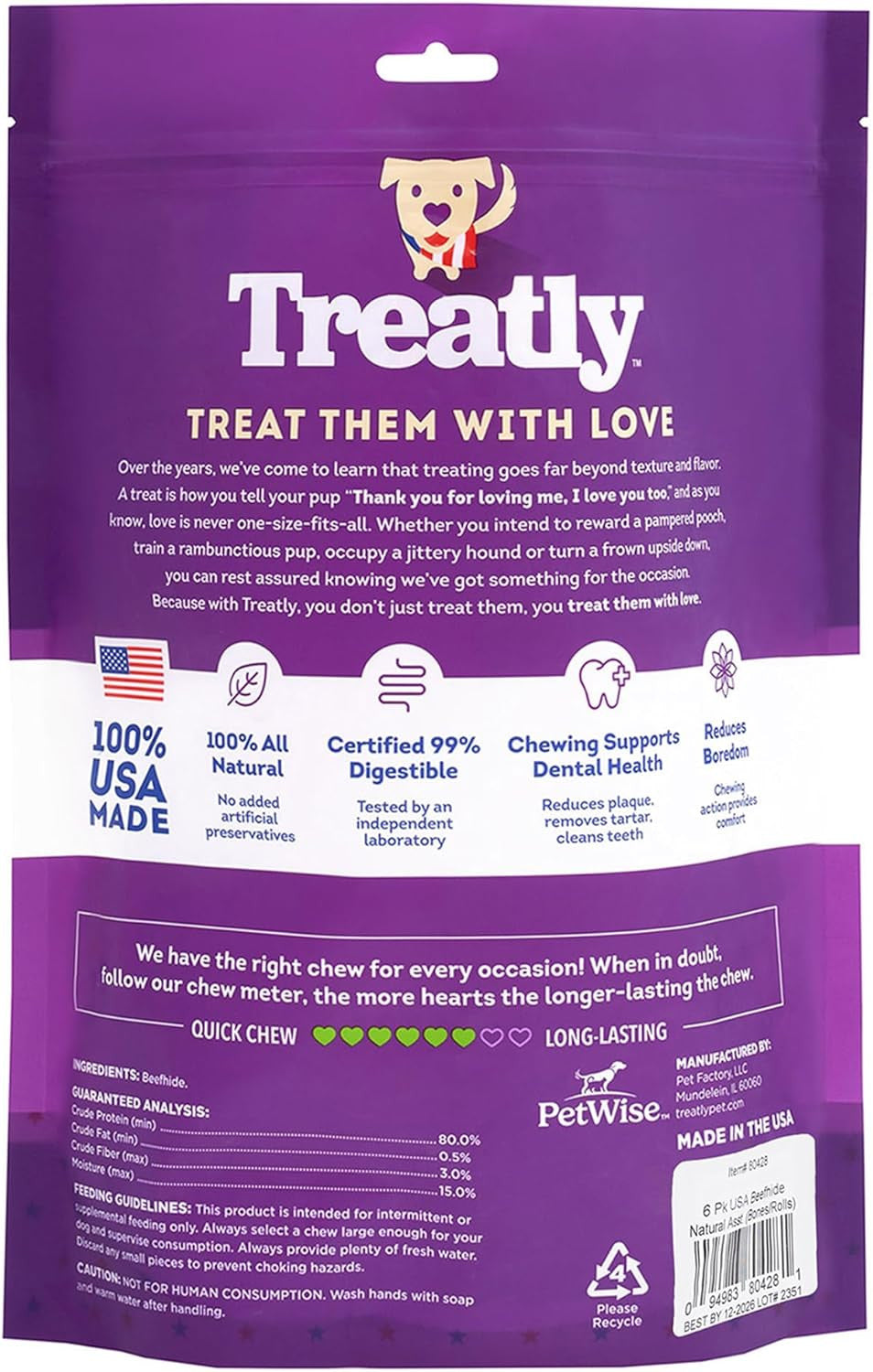 USA Beefhide Large Assorted Dog Chew Treats - Natural Flavor, 6 Count/1 Pack