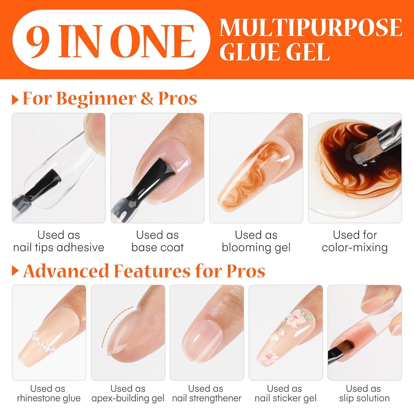 9 in One Nail Glue Gel for Acrylic Nail Tips, Super Strong Long-Lasting, Curing