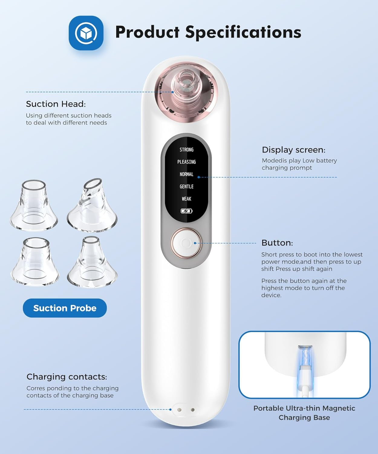 5-Speed Blackhead Remover for Sensitive Skin, Wireless Charging Face Pore Clea