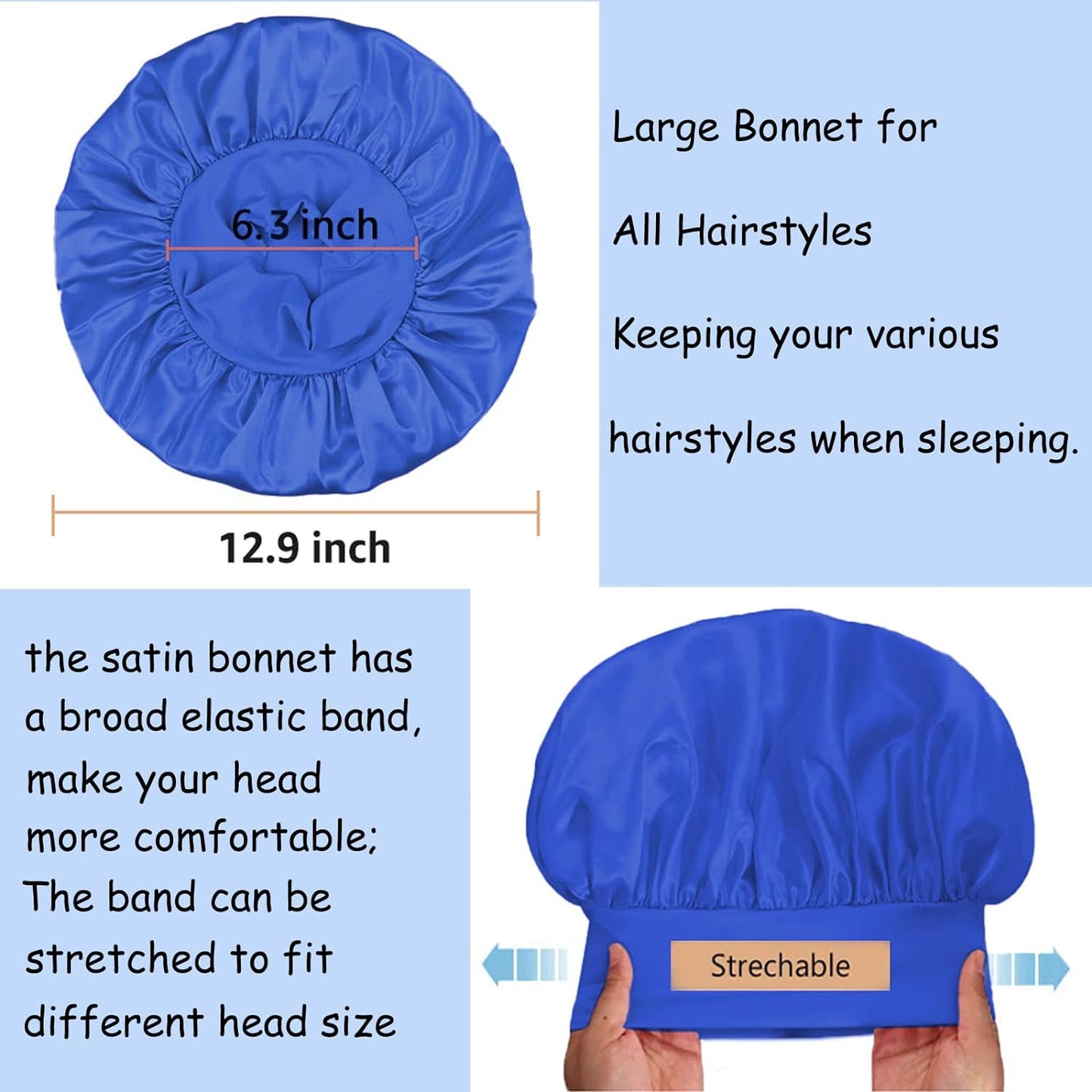 3 Pack Satin Bonnet Silk Hair Bonnet for Sleeping, Sleep Bonnets for Women Large