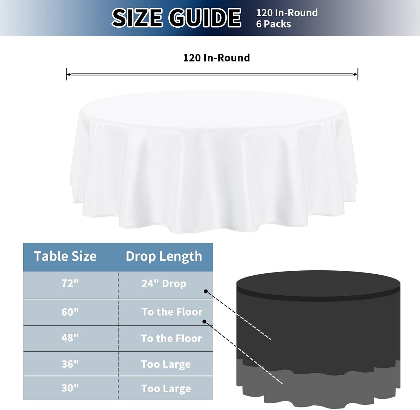 6 Pack round White Table Cloths 120 Inch for round Tables, Stain and Wrinkle Res