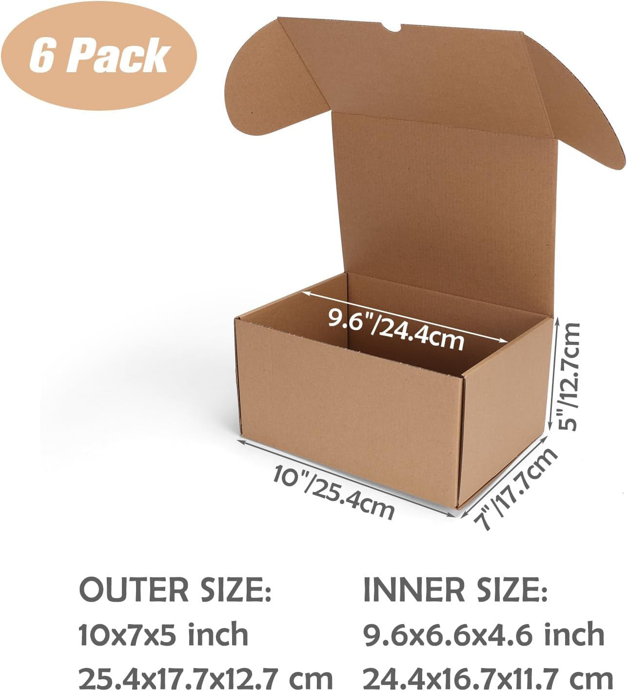 10X7X5 Shipping Boxes Set of 6, Medium Cardboard Boxes with Arch Opening, Brown