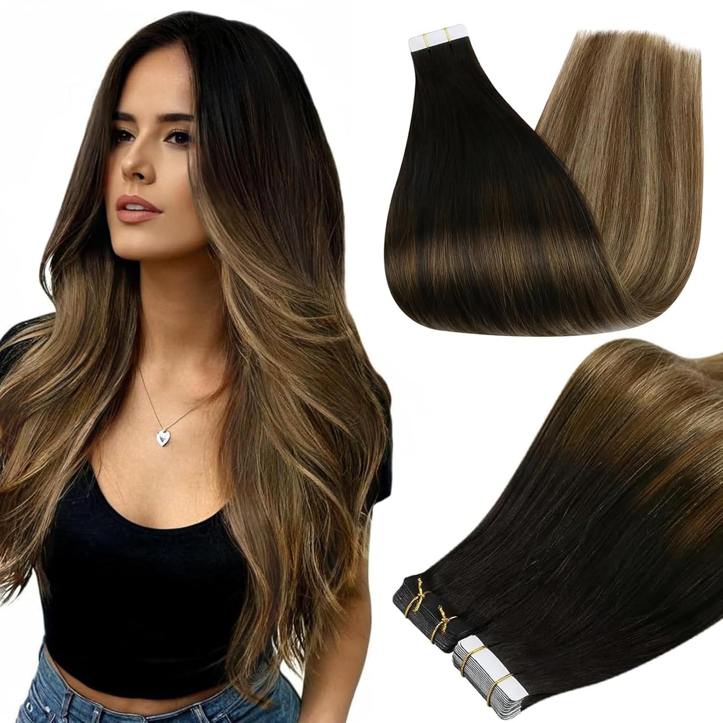 Tape in Extensions Human Hair Color 1B Black Ombre 6 Brown and 27 Caramel Blonde