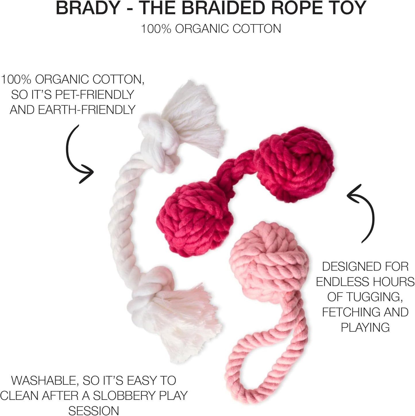 3-Pack Organic Cotton Dog Rope Pull Toys for All Pet Breeds, Pink Ombre, One Siz