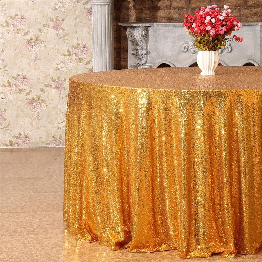 Yellow Gold Sequin Tablecloth 120-Inch Sparkly Overlay round Glitter Table Cover
