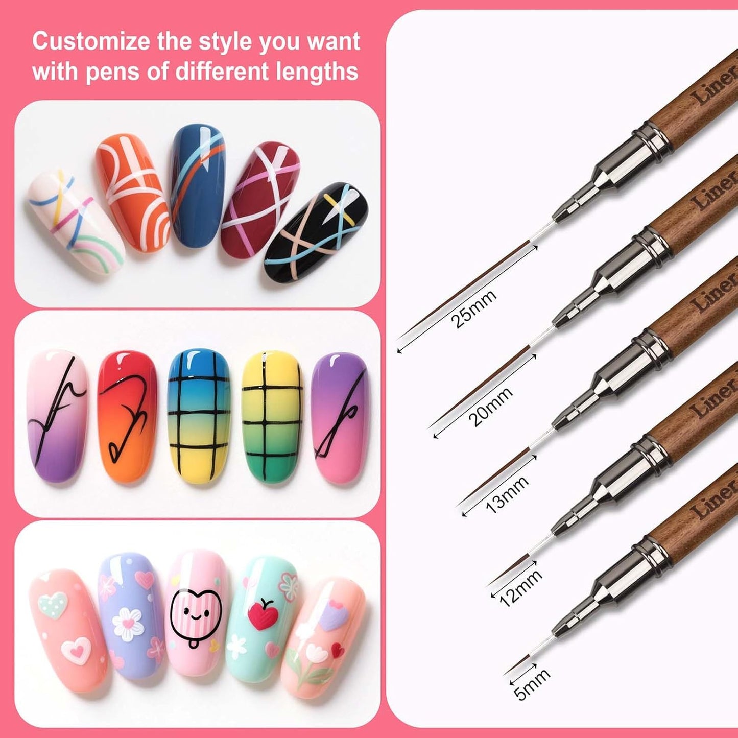 Wood Grain Nail Art Pens, Liner Brushes Set, 5PCS Brown Color Nail Tools for Lon