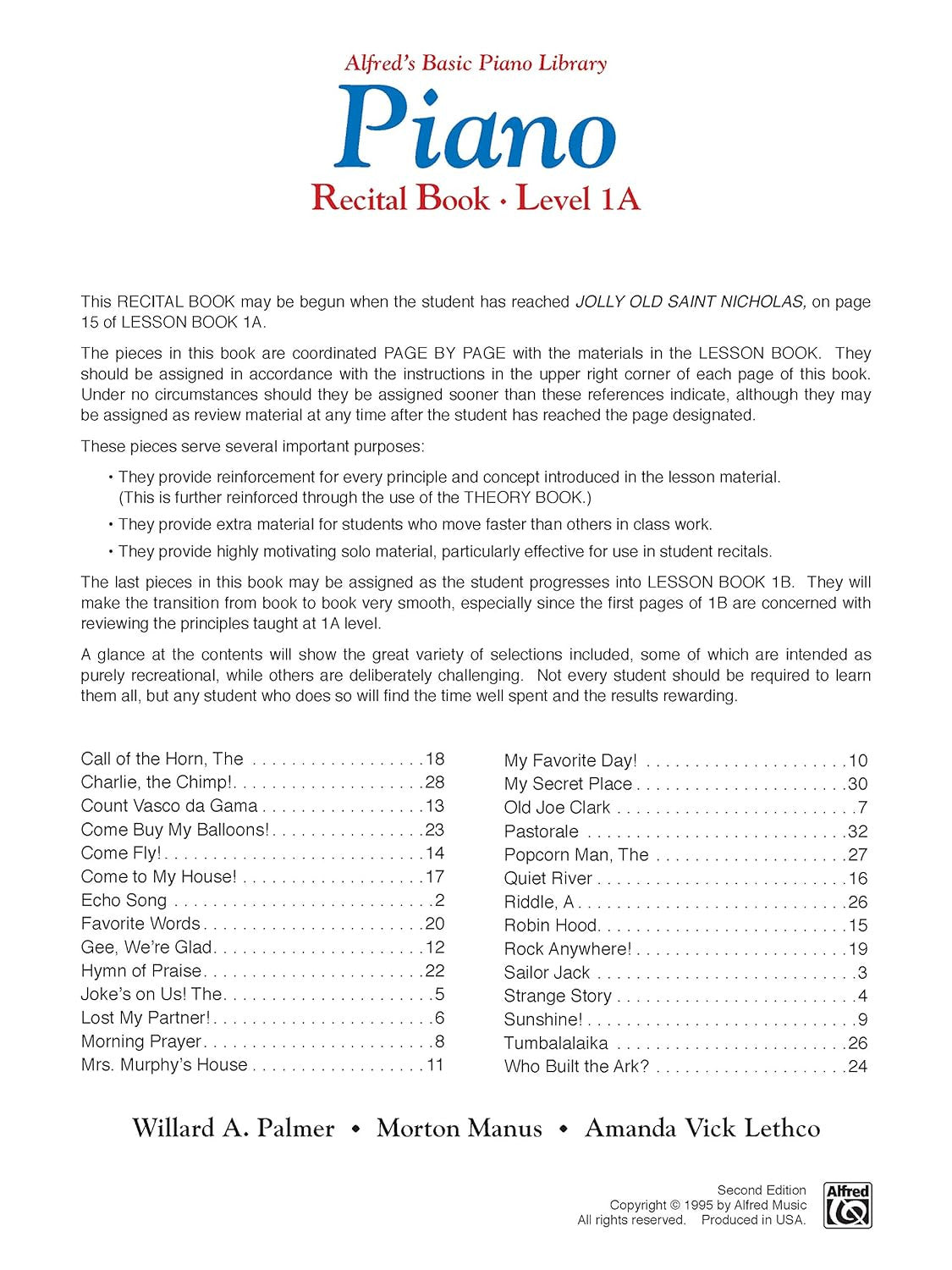 Alfred'S Basic Piano Library: Recital Book, Level 1A