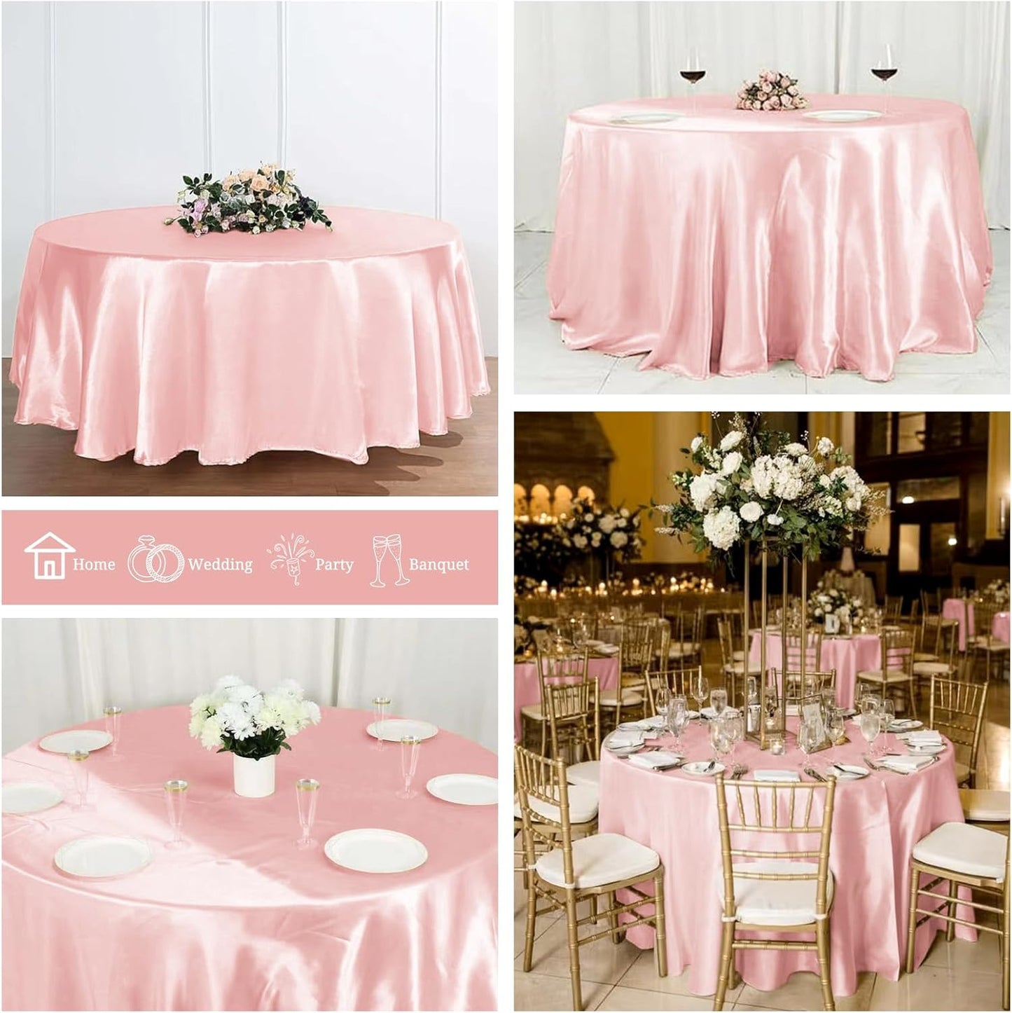 6 Pack Rose Gold round Tablecloth, 120 Inch Rose Gold Satin Fabric Tablecloth fo