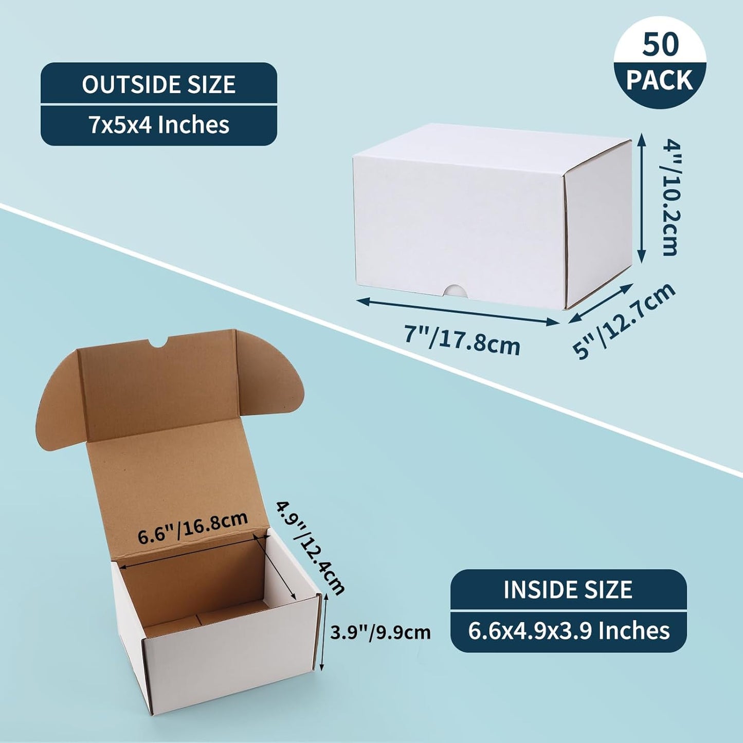 50 Pack 7X5X4 Shipping Boxes for Small Business Packing, White Corrugated Cardbo