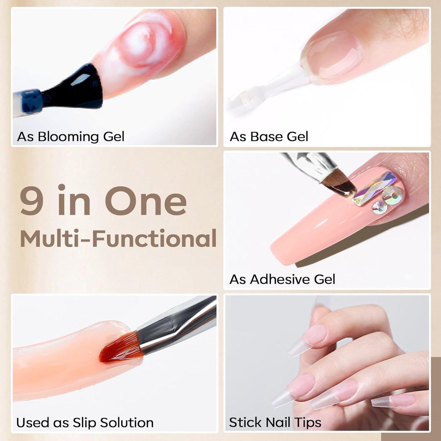 9 in One Nail Glue Polish Set Brush on Gel Nail Glue 15Ml for Rhinestone, Base G