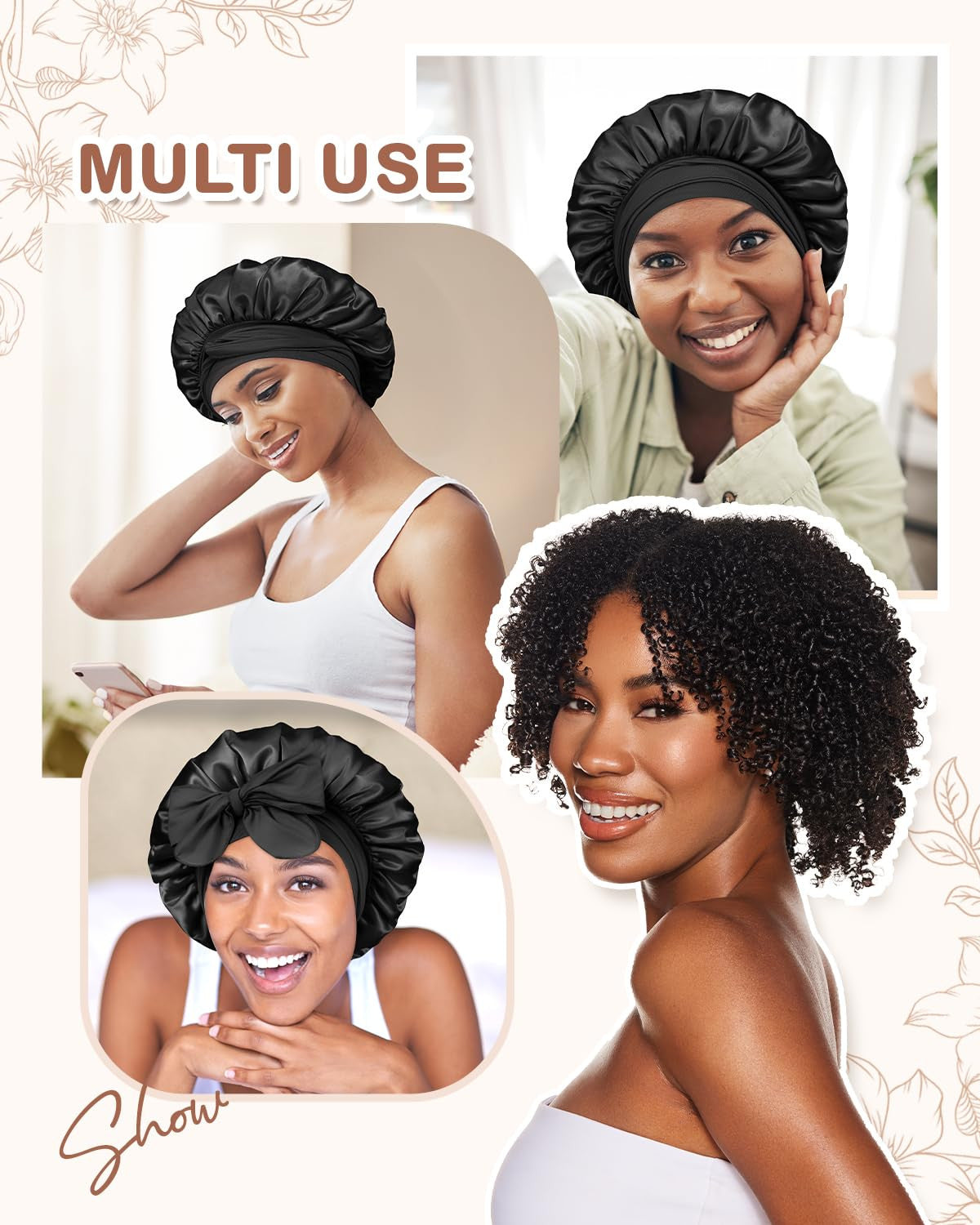 2Pcs Pack Satin Bonnet Silk Bonnet for Sleeping Hair Bonnet with Tie Band Sleep