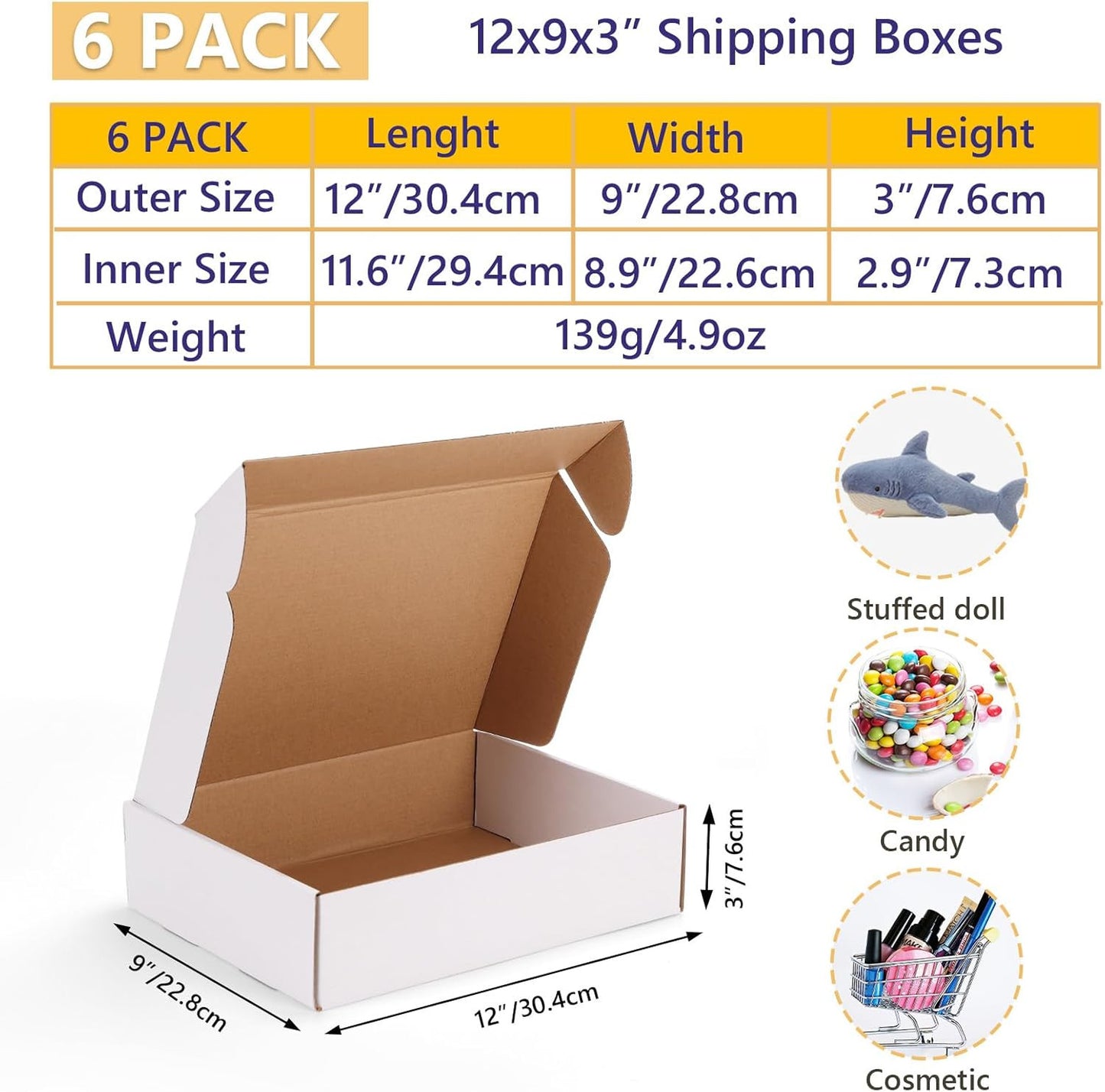 6 Pack 12X9X3 Shipping Boxes, White Corrugated Cardboard Boxes for Packaging Sma
