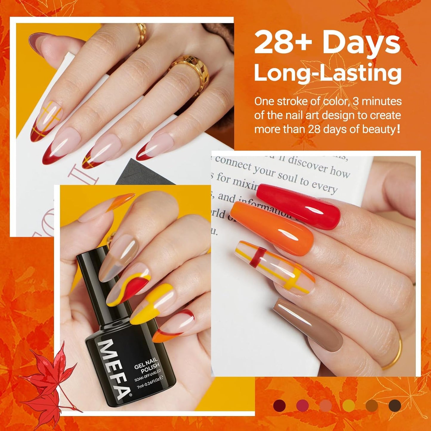 6 Colors Fall Gel Nail Polish Set, Shades Orange Red Brown Glitter Yellow Soak o