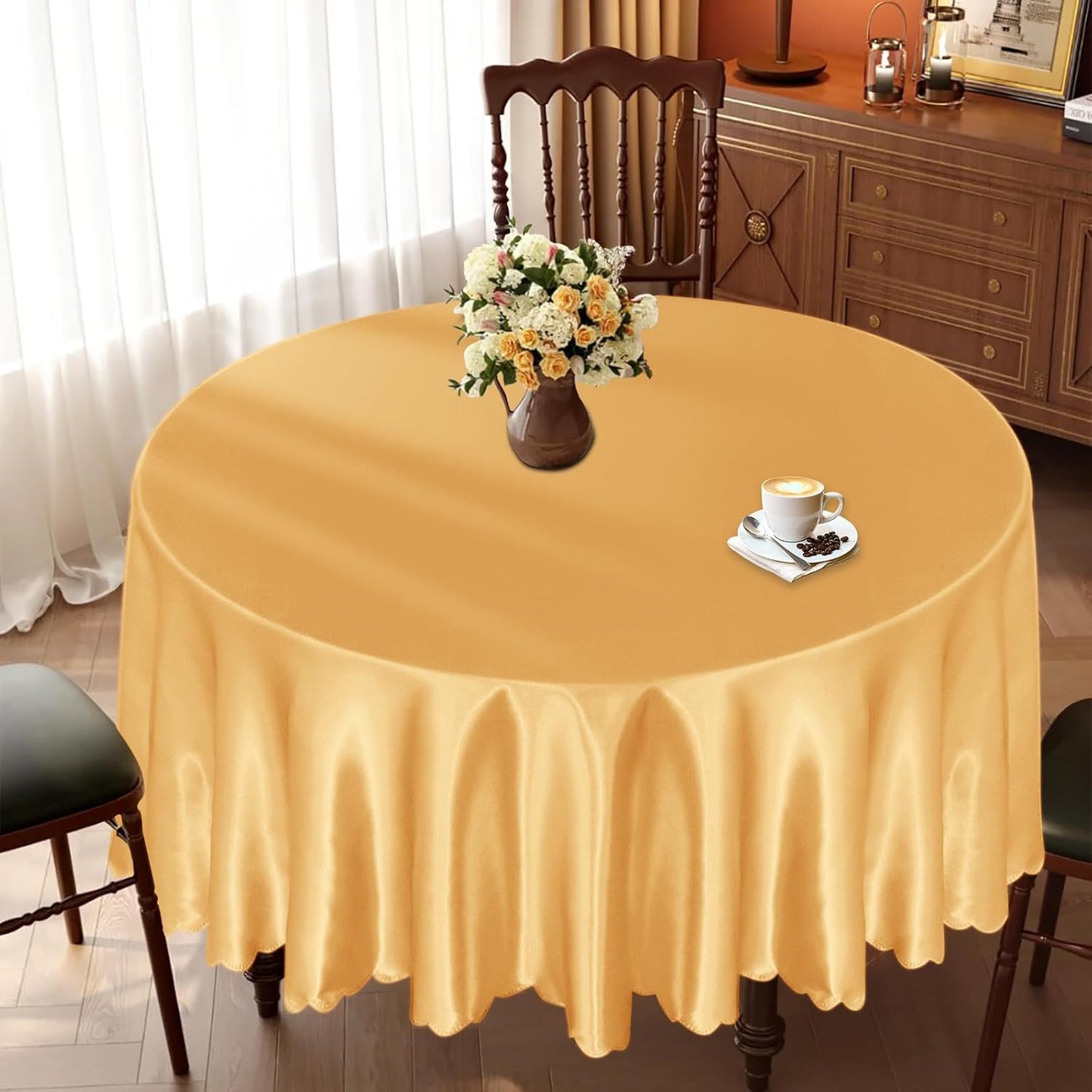 1 Pack round Table Cloths 90 Inch, Gold Overlay round Satin Table Cover, Silky S
