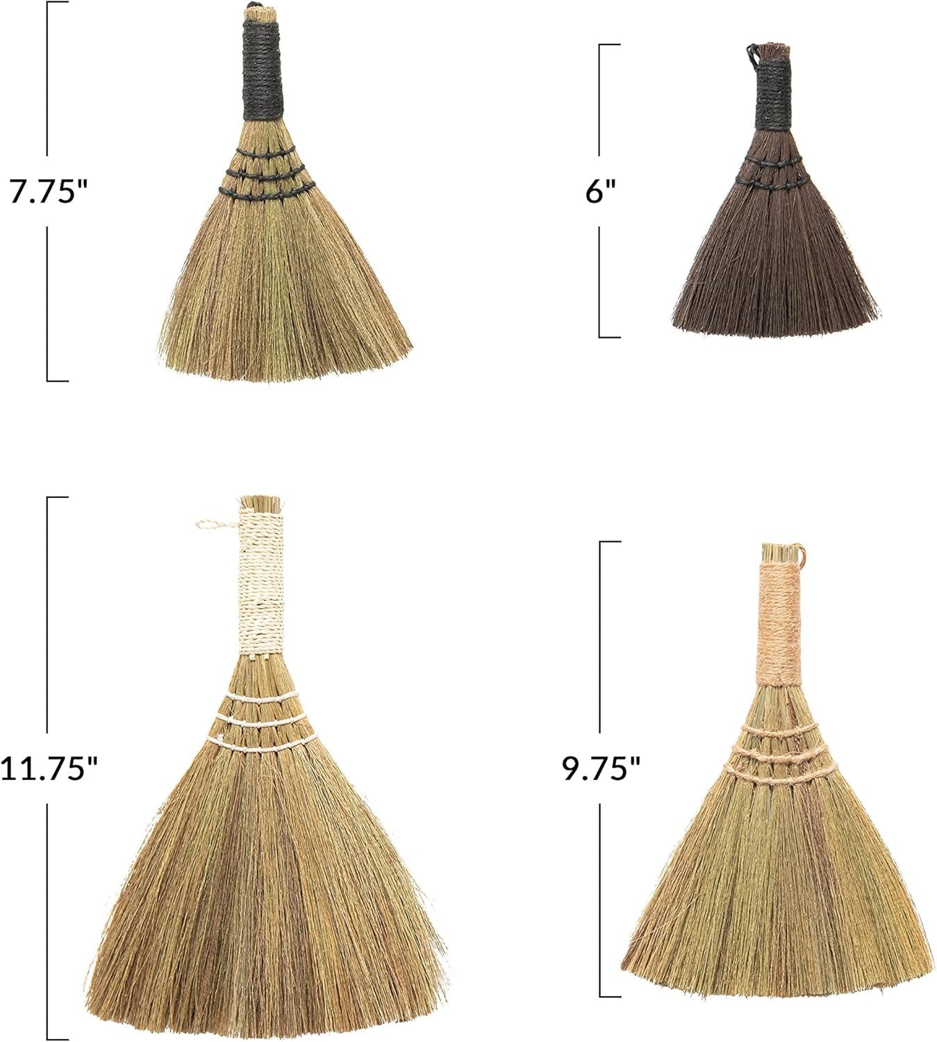 Whisk Brooms with Yarn Wrapped Handles, Multi Color Neutrals, Set of 4