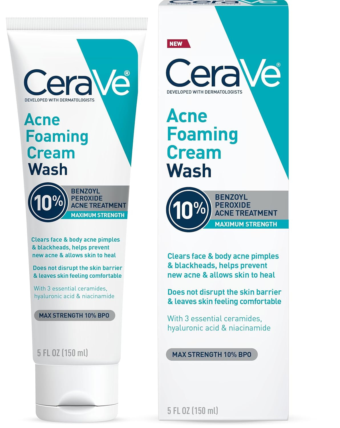 Acne Foaming Cream Wash, Gentle Face and Body Cleanser with Benzoyl Peroxide 10%
