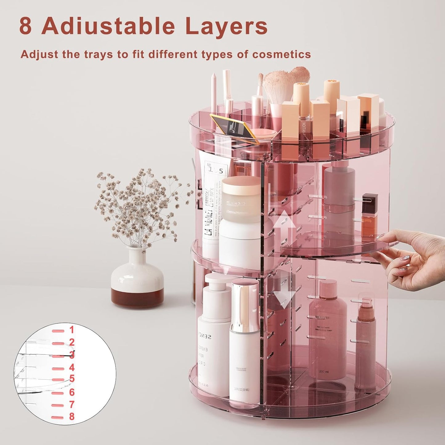 360 Rotating Makeup Organizer with Lipstick Slots, 8 Adjustable Layers Spinning