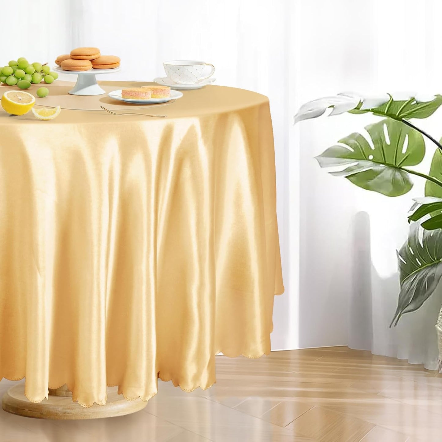1 Pack 90 Inch / 7.5 Ft round Tablecloth, Light Gold Satin Table Cloth for 30-72