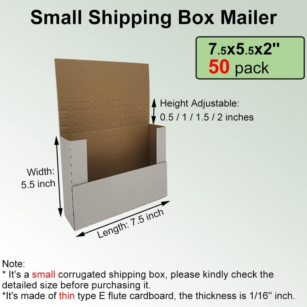 50 Pack 7.5X5.5X2'' Easy-Fold Corrugated Mailers, Height Adjustable Small Shippi