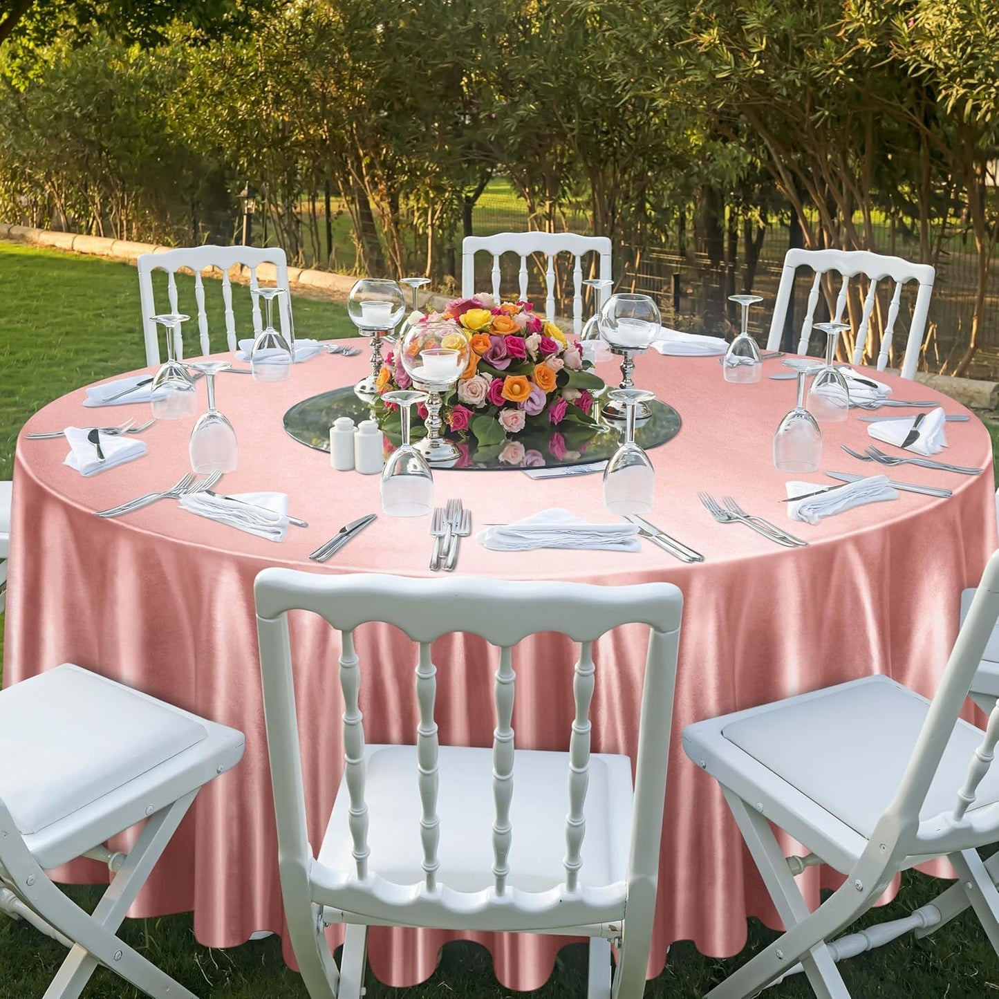 120 Inches round Satin Tablecloths Rose Gold Overlay round Satin Table Cover Bri