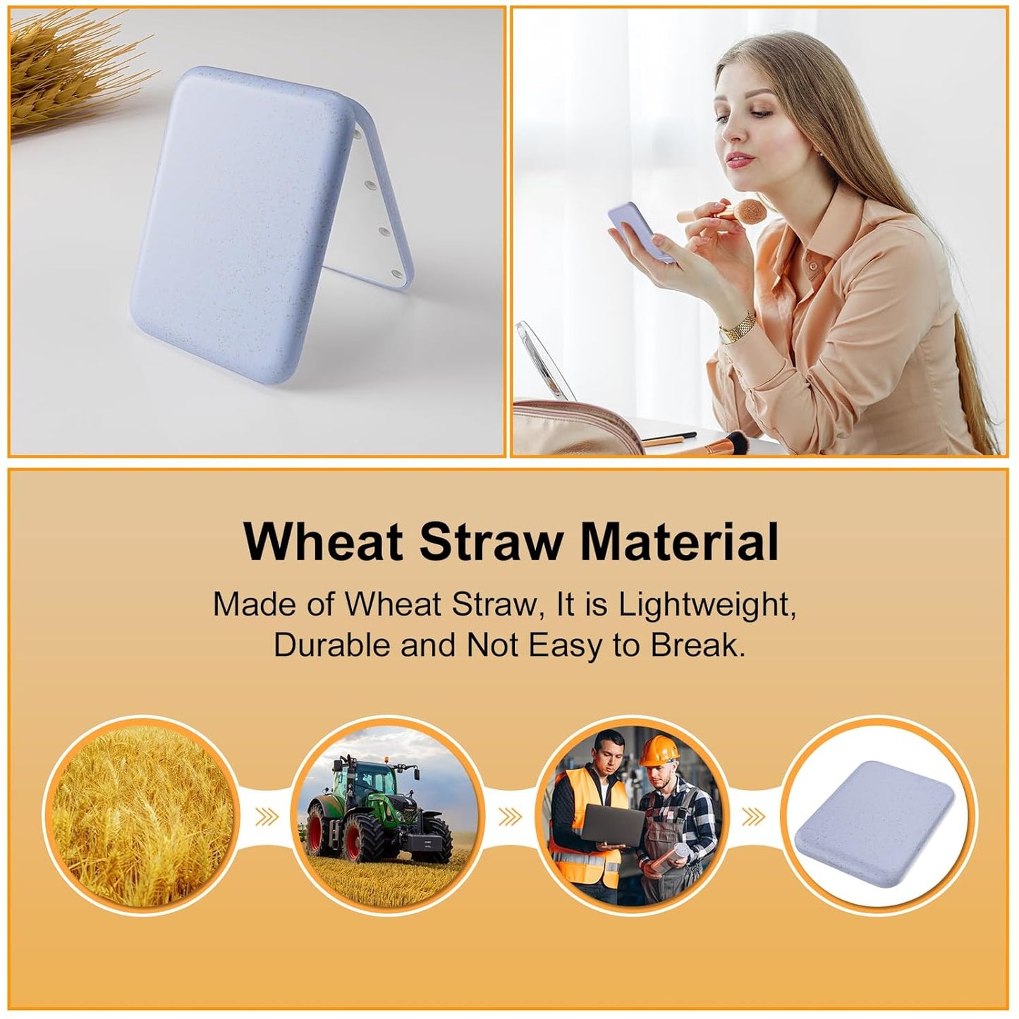Wheat Straw Pocket Mirror, 1X/3X Magnification Travel Mirror for Purse, Folding
