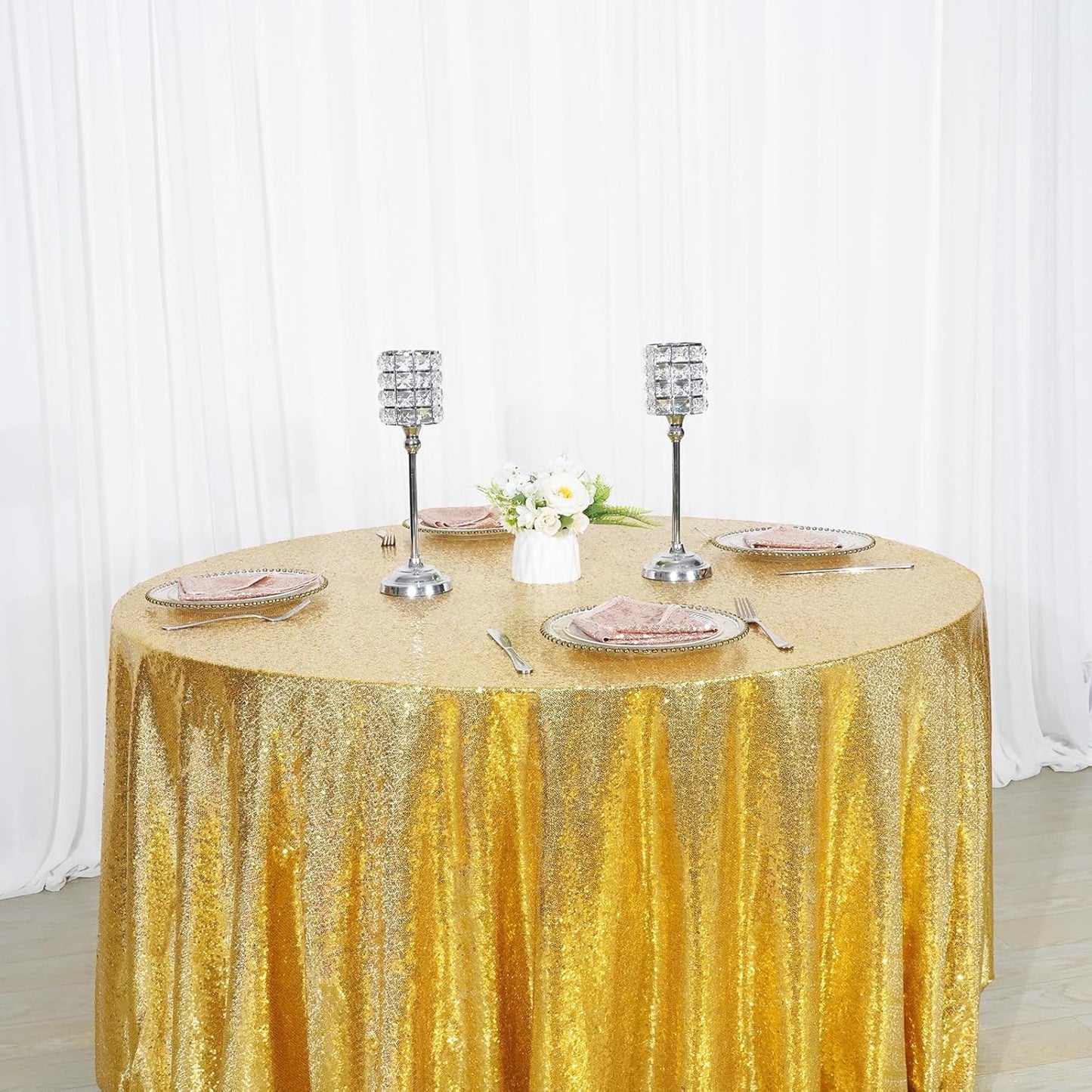 120" round Sequin Tablecloth, Thick Not See through Gold Table Cloth for Wedding