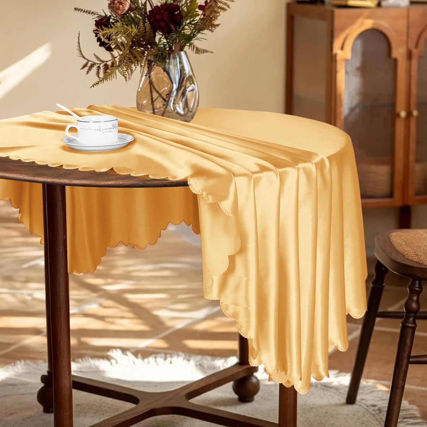 1 Pack round Table Cloths 90 Inch, Gold Overlay round Satin Table Cover, Silky S